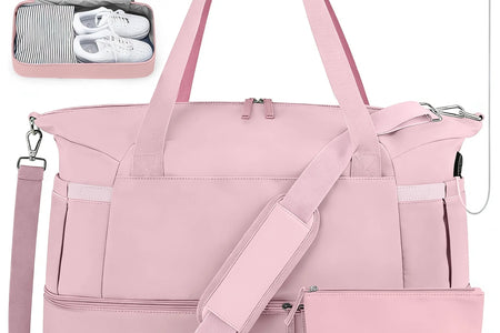 Travel Duffel Bag for Women Gym Bag with USB Charging Port Large Weekender Overnight Bag Yoga Duffle Bags with Wet Pocket and Shoes Compartment, Pink