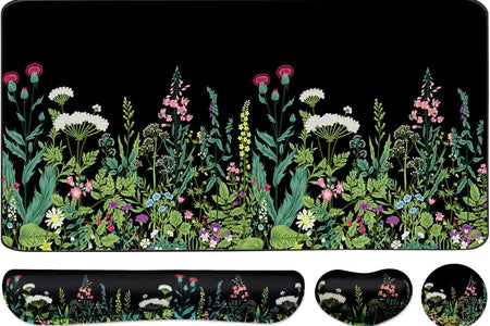 Keyboard Mouse Pad Set, Extended Mouse Pad+Keyboard Wrist Rest Support, Memory Foam Ergonomic Easy Typing, 3Pcs (35.4×15.7 In) Desk Pad Set for Home Office Study Game - Weeds