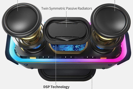 Soundbox Pro+ Bluetooth Speaker, Immersive 24W Stereo Sound with Booming Bass, IPX6 Waterproof, 15H Playtime, Mixed Colors Lights, Wireless for Backyard, Hiking, Garage, Party-Grey